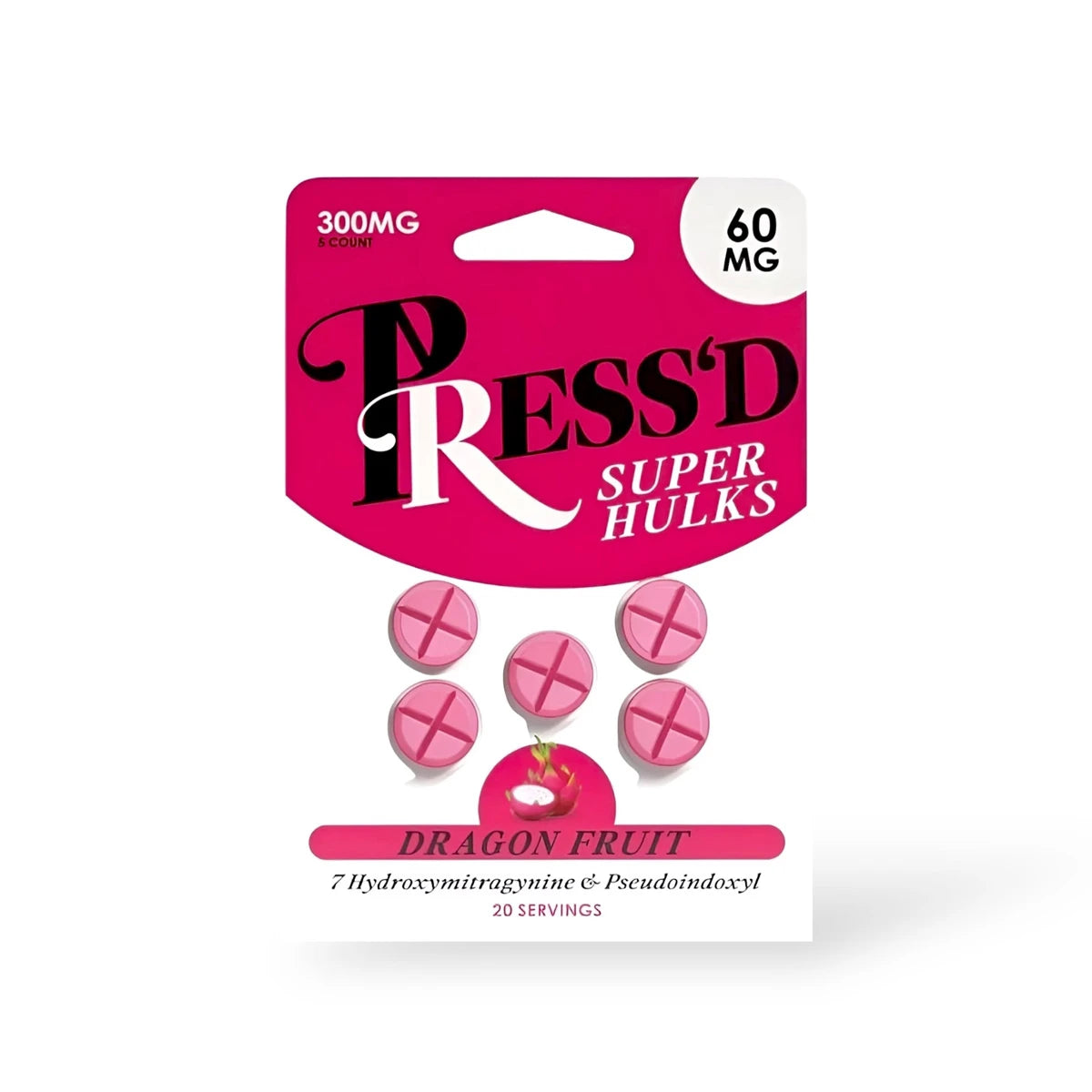 Press'D Kratom Super Hulks 7-Hydroxymitragynine & Pseudoindoxyl Dragon Fruit | 60MG Per Tablet