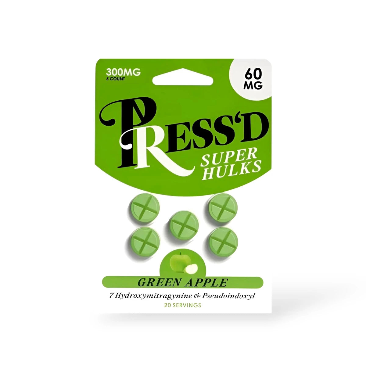 Press'D Kratom Super Hulks 7-Hydroxymitragynine & Pseudoindoxyl Green Apple | 60MG Per Tablet